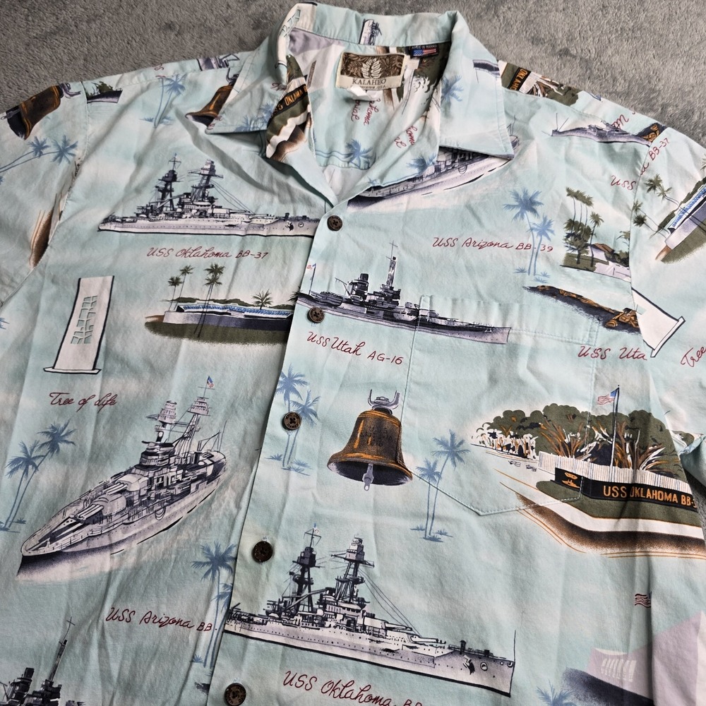 VTG Kalaheo Hawaiian Button Shirt Men L Pearl Harbor Memorial Battle Ship